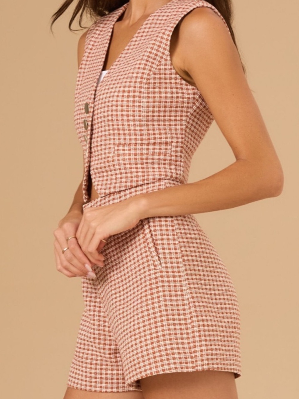 Altar'd State Burnt Orange Tweed Plaid Vest & Shorts Set